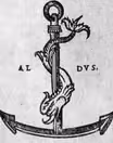 Woodcut of an anchor with a dolphin curled around its shaft