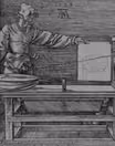 Woodcut of a man at a table drawing a lute through a gridded frame, a second man holding the cord