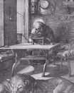 Engraving of a bearded man writing at a desk in a small room, an hourglass and a hat on the wall behind him