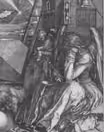 Engraving of a winged figure seated among instruments of measurement, chin on hand