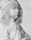 Silverpoint drawing of a boy in a soft cap, looking sideways, one hand raised and pointing
